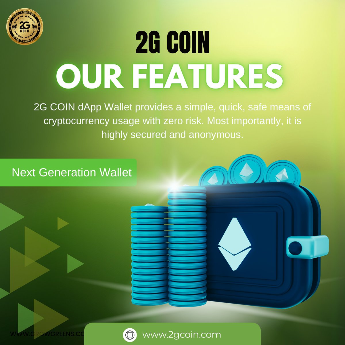🔐 OUR FEATURES: 2G Coin App Wallet offers a simple, quick, and safe way to use cryptocurrency with ZERO risk. Enjoy top-notch security and complete anonymity. Your crypto, your control! 🚀💰 #CryptoWallet #SecureCrypto #AnonymousCrypto #2GCoin