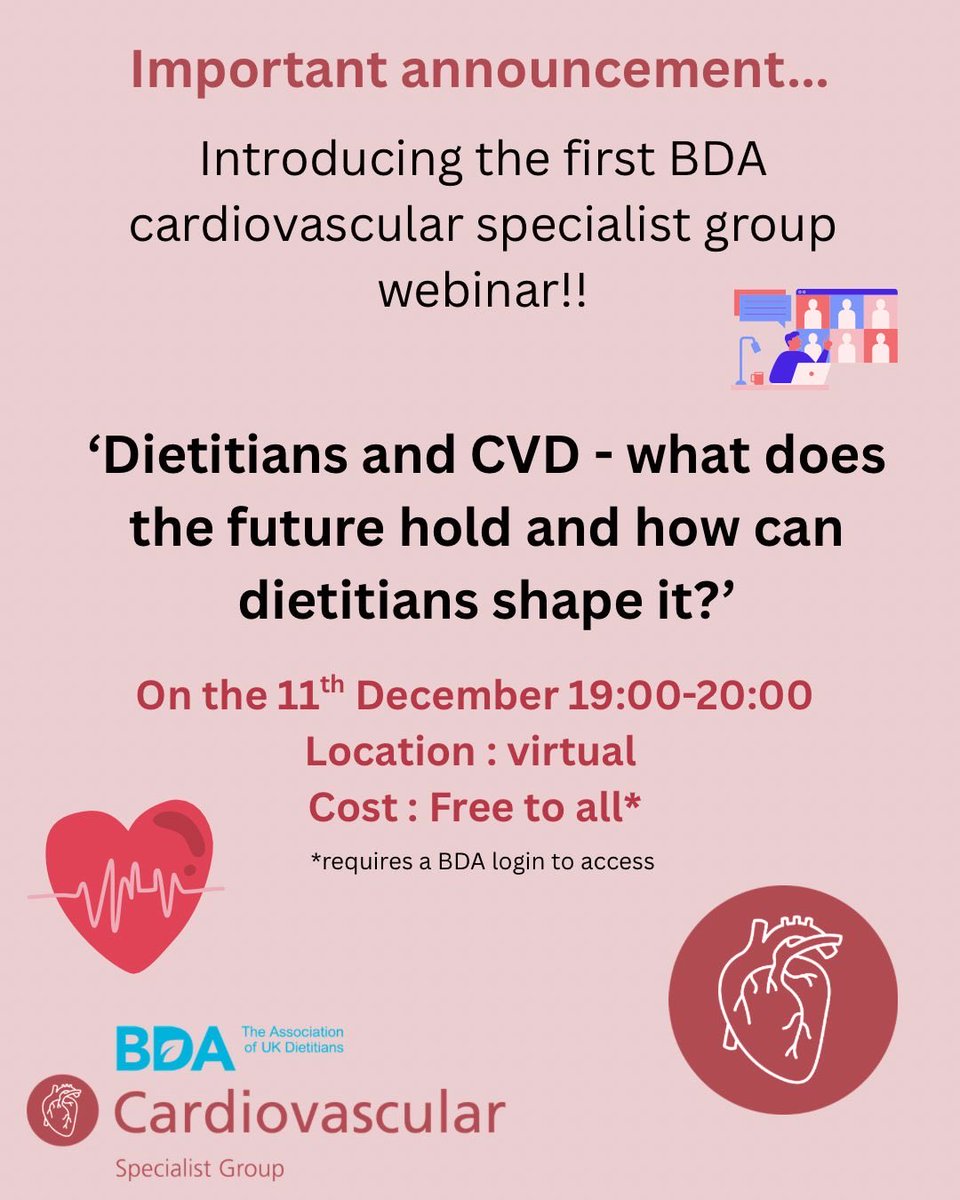 BDA_CVD's tweet photo. VERY EXCITING ANNOUNCEMENT!!
We are super excited to share that our first webinar will be held online on the 11th December !!

More information to come on speakers but for now here is a sneak peak of what is to come.
@BDA_Dietitians @DSG_BDA @drtom_butler @BDA_Obesity https://t.co/qAqYb00vHT