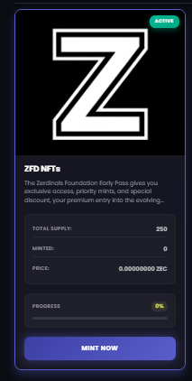 Be ready — Mint hasn’t started yet.
 Launchpad: zerdinals.com/launchpad 

250 Supply — FREE Mint for Whitelist

⏳ 30 minutes only
🔥 Unminted passes will be sold for $130Rules:

• 1 WL = 1 Mint
• If it goes Public → No limits

Prepare your wallet with $1–$2 for gas (or $130