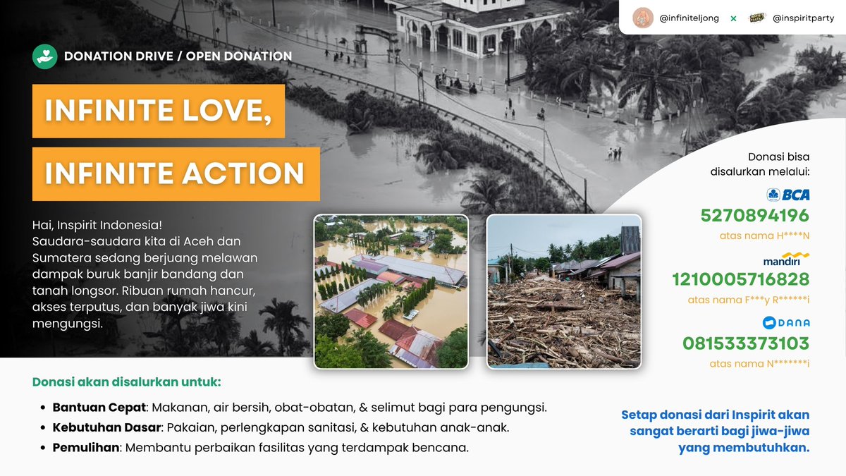 💛 HELP REPOST 💛

"INFINITE LOVE, INFINITE ACTION"
INSPIRIT Donation Project for Sumatra by <a href="/InfiniteLjong/">🍒 Cinop ✶༊</a> &amp; <a href="/inspiritparty/">Inspirit Party 🎉</a> 

💛 No Min donation
💛 Periode Donasi: 28 Nov - 05 Des 2025
🔗 LINK UNTUK DONASI: forms.gle/zuwnemEcDRCcfq…