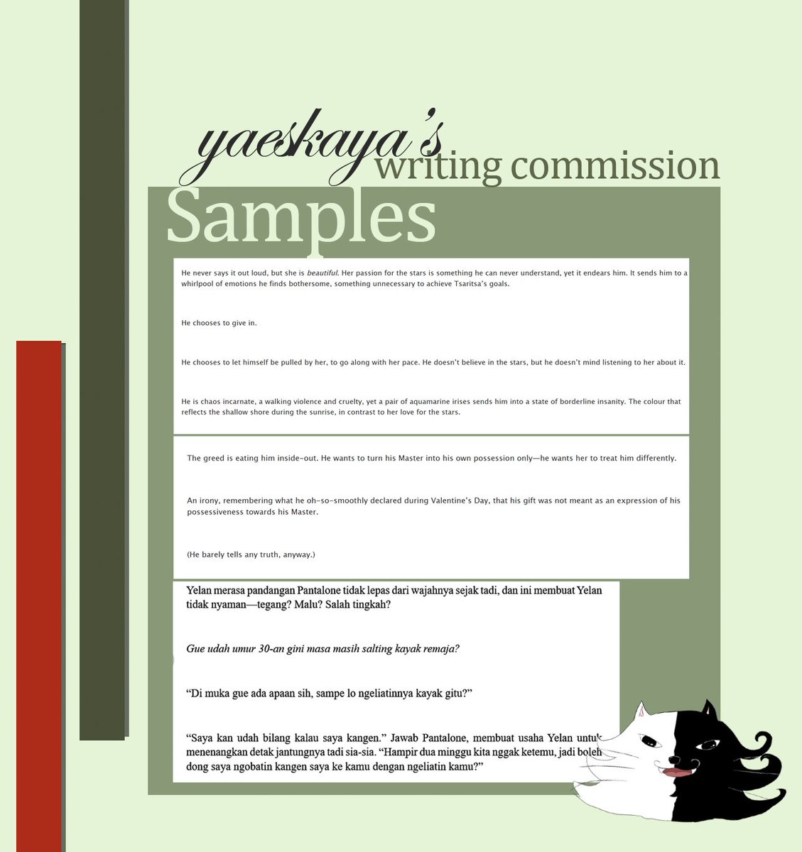 yaeskaya's tweet photo. [WRITING COMMISSION]

hai guyss, user yaeskaya buka writing commission yaa, RTs and likes are appreciated!

sampel tulisan bisa cek di: https://t.co/6L6Yr9zh6s

details as shown on pics below 👇

#zonauang #writingcommision https://t.co/fBSuEe50MQ