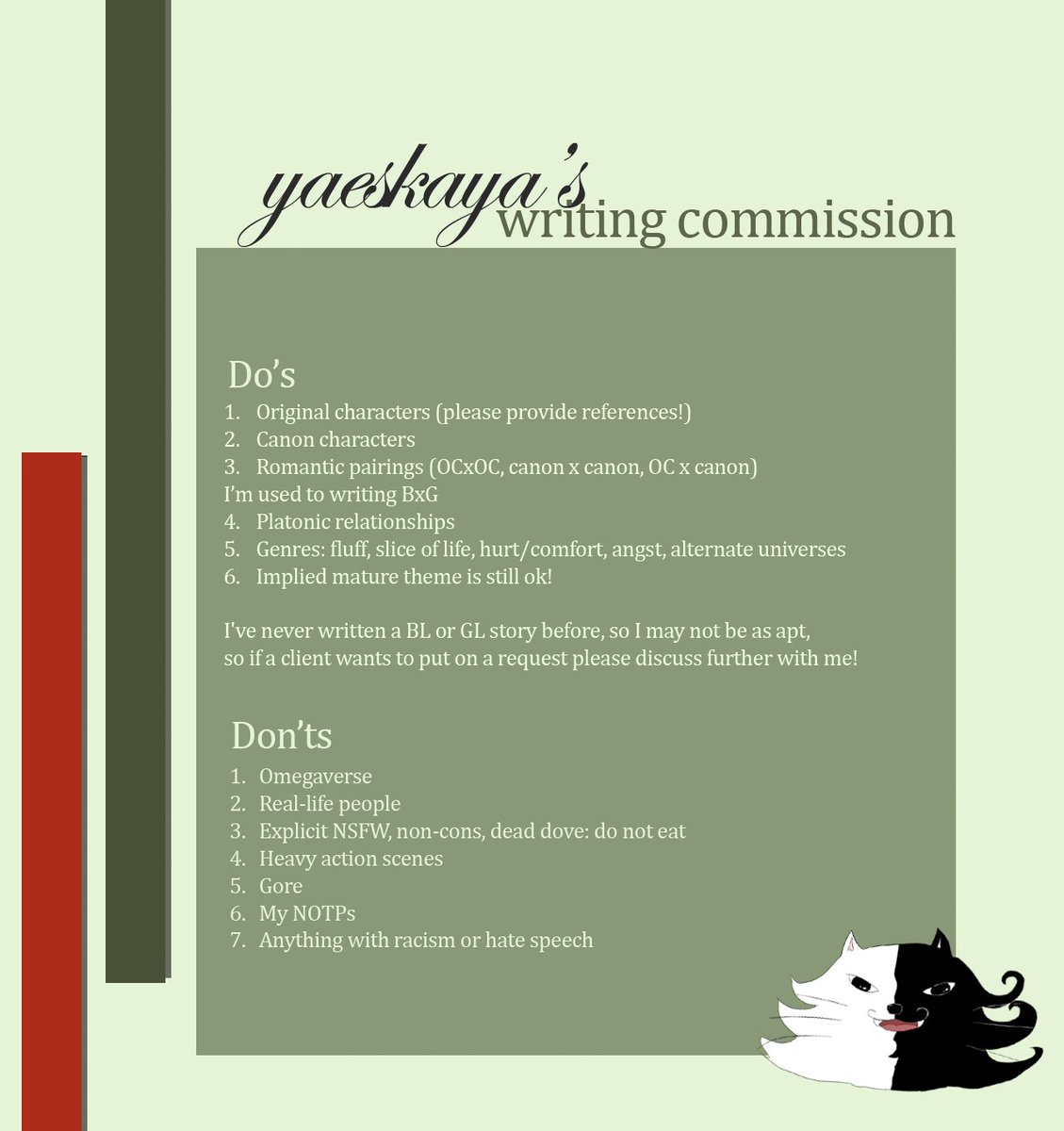 yaeskaya's tweet photo. [WRITING COMMISSION]

hai guyss, user yaeskaya buka writing commission yaa, RTs and likes are appreciated!

sampel tulisan bisa cek di: https://t.co/6L6Yr9zh6s

details as shown on pics below 👇

#zonauang #writingcommision https://t.co/fBSuEe50MQ