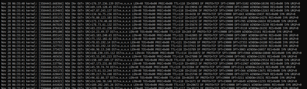James_inthe_box's tweet image. An unusually large, moments ago #botnet scan all from source port 19000 (not the &quot;usual&quot; Amazon sourced scans that I see every morning like clockwork at 06:45).  Raw logs and source IP&apos;s:

gist.github.com/silence-is-bes…