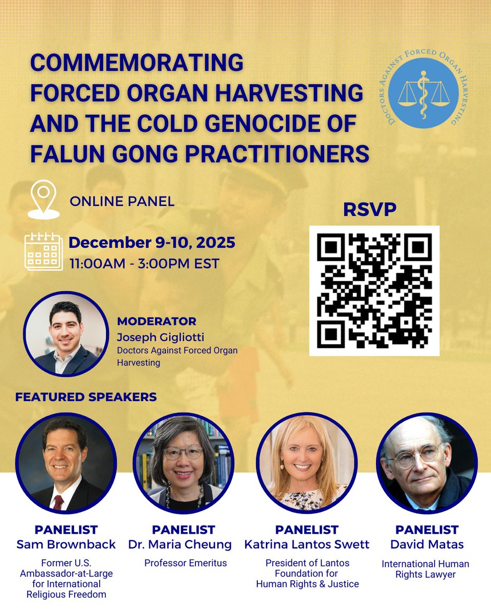 📢RSVP Now

WHEN: December 9 - 10, 2025.

Join a panel of experts and advocates for two days of video presentations exposing the persecution and forced organ harvesting of Falun Gong practitioners—one of the most severe human rights crises of the 21st century.