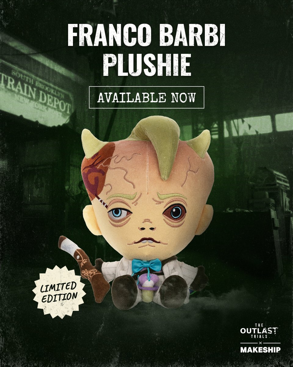 Your favorite gun-toting crybaby just got softer! 🧸 
The Franco Barbi Plushie has arrived and he's complete with mood swings, a binky, and his trusty Lupara. 
👶 Equal parts adorable and emotionally unstable, it's time to adopt your tiny menace today <a href="/Makeship/">Makeship</a>!