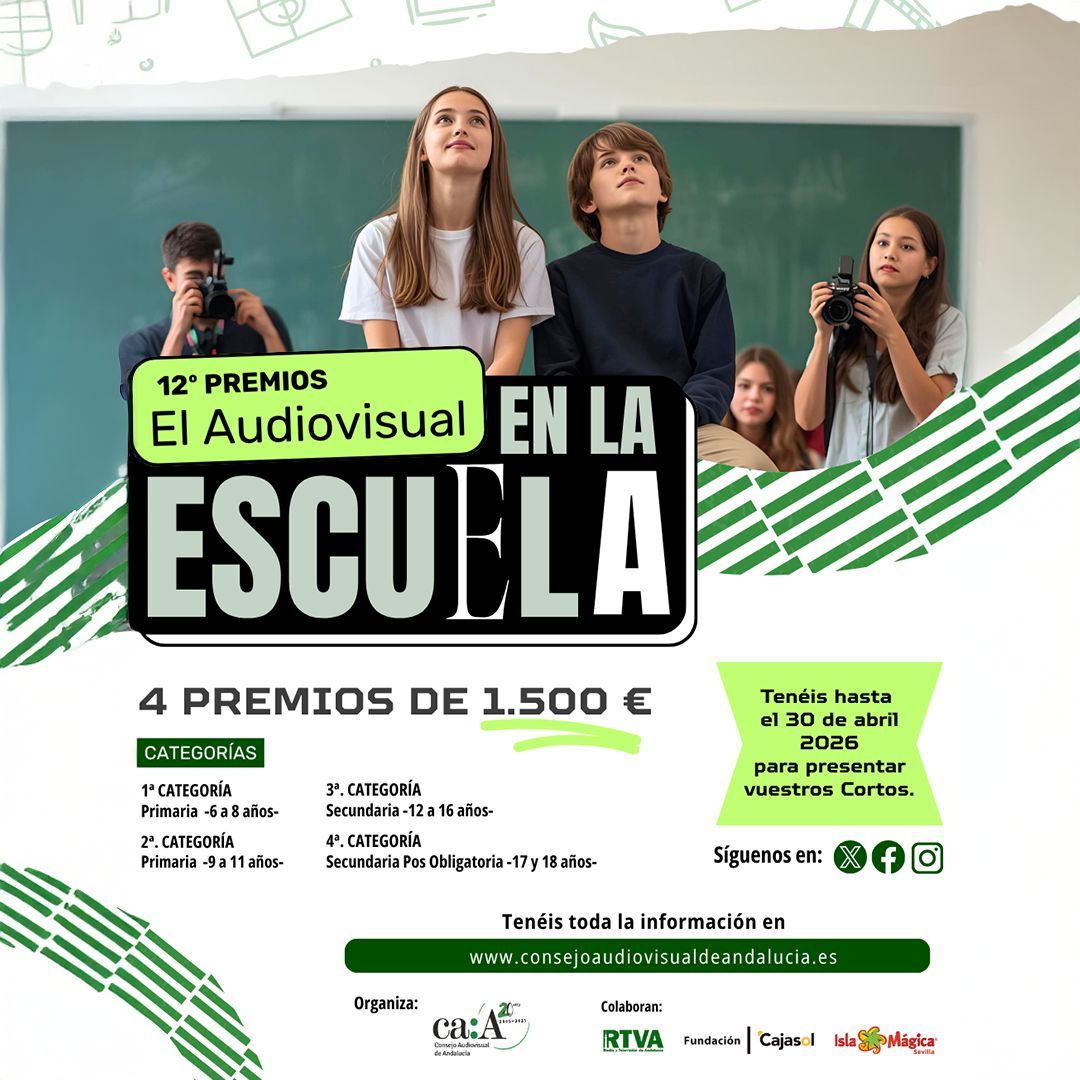 📹 ¡El audiovisual también se aprende! Llega una nueva edición del certamen que impulsa la expresión creativa de estudiantes andaluces. <a href="/CAudiovisualAnd/">Consejo Audiovisual de Andalucía</a>, junto a <a href="/canalsur/">CanalSur</a>, <a href="/islamagica/">Isla Mágica</a> y <a href="/Cajasol/">Fundación Cajasol</a>, premia cortos que reflejen la mirada crítica y original de los jóvenes.

📝