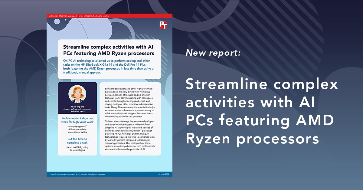 PrincipledTech's tweet image. This report, featuring our testing on @AMD #Ryzen processor-powered AI PCs, highlights how much #AI technologies can help technical users like you: facts.pt/1g0yXBu#AIPC