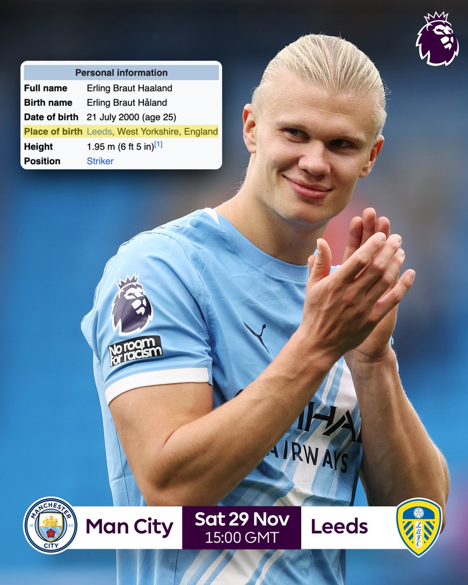 premierleague's tweet image. Did you know Erling Haaland was born in Leeds? His father Alfie was playing for @LUFC in the Premier League at the time 📍

The @ManCity striker is set to face Daniel Farke&apos;s side on Saturday afternoon at 15:00 GMT 🤝