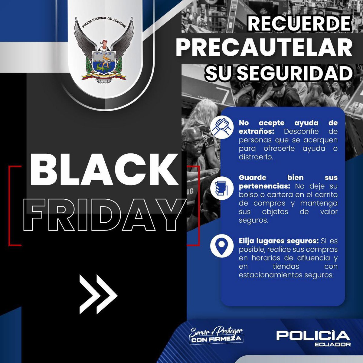 PoliciaEcZona4's tweet image. #IMPORTANTE || 

En esta jornada de #BlackFriday, la #PolicíaEcuador le recuerda seguir estas recomendaciones para proteger tu seguridad y evitar ser víctima de delitos.

¡Compre de forma segura y responsable!

#ServirYProtegerConFirmeza