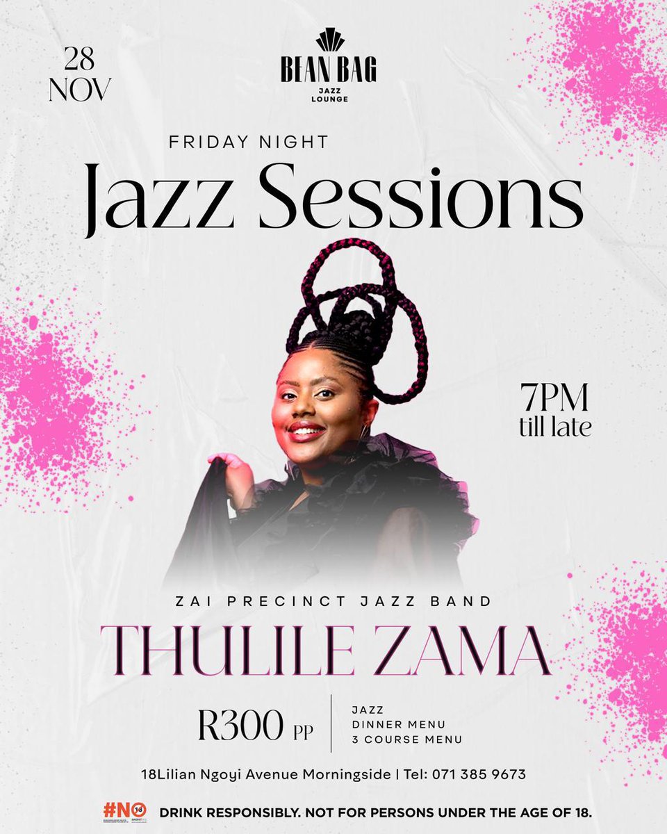 The weekend is finally here
Join us tonight at Bean Bag Jazz Lounge
28 November at 8pm
Thulile Zama on vocals, Sphe Mngwengwe on keys, Senzo Mdamba on bass and Skhulile Sibisi on drums
18 Lilian Ngoyi Avenue, Morningside, Durban.
📷0813722534