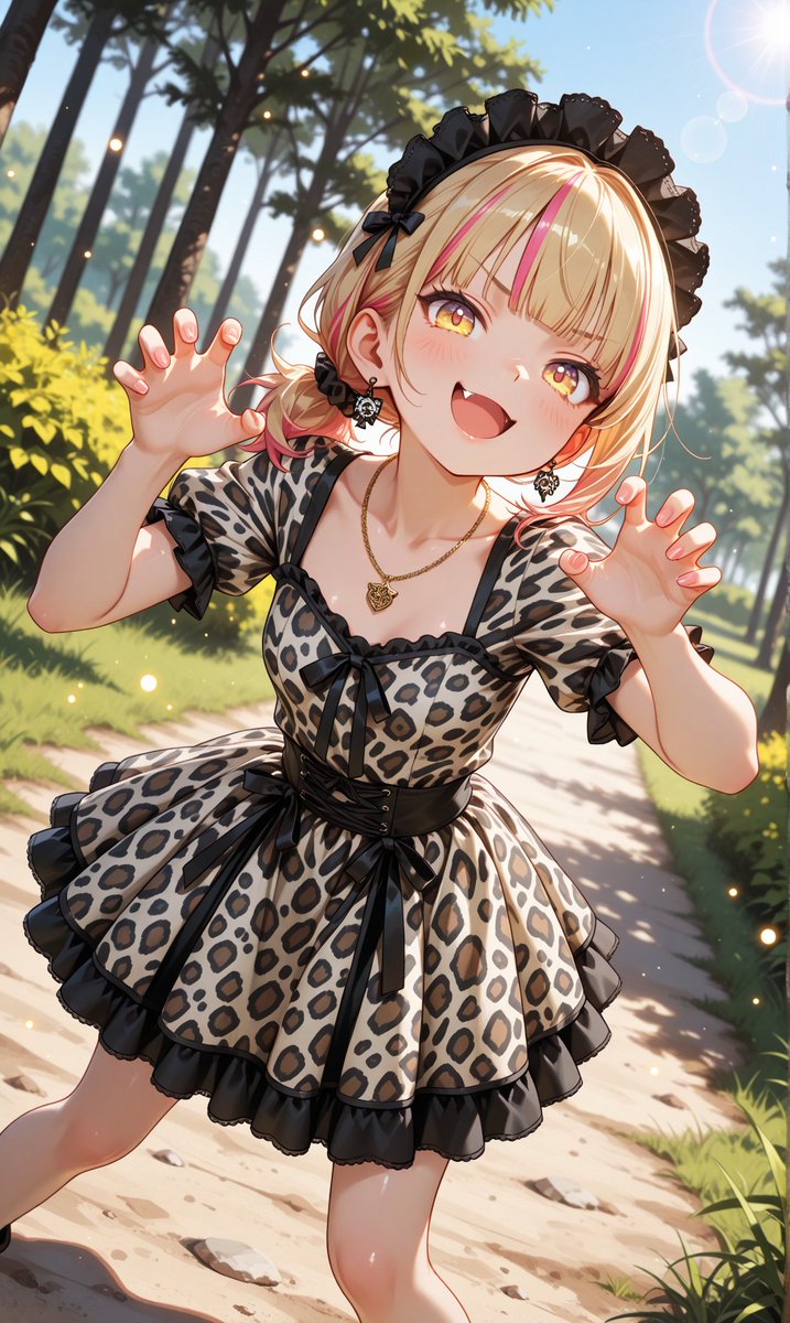 #AIイラスト #AIart
じゅすへるさんの豹柄ロリータのプロンプトをお借りして、うちの子の紋菜に黒豹になりきってもらいました🥰🐆✨

紋菜＜(「・ω・)「がおー

🎨tool/PixAI: pixai.art/?utm_source=SMA