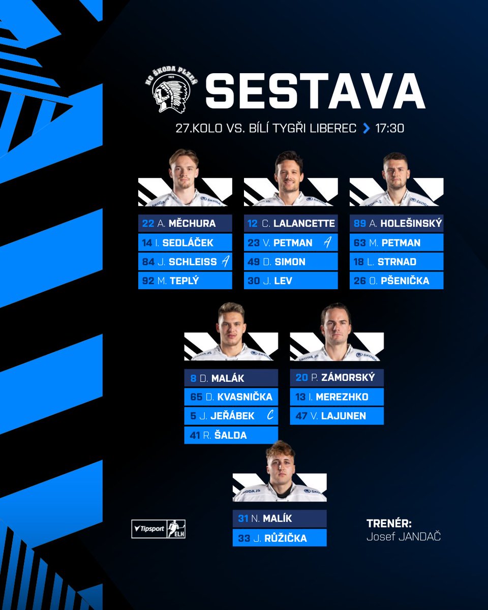 🔵⚪️ Proti Liberci vyjedou tyto formace.

🏒 V bráně Nick Malík.
🏒 Stuart Percy nezasáhne do dnešního utkání.

Držte nám palce, indiáni!💪🏻
