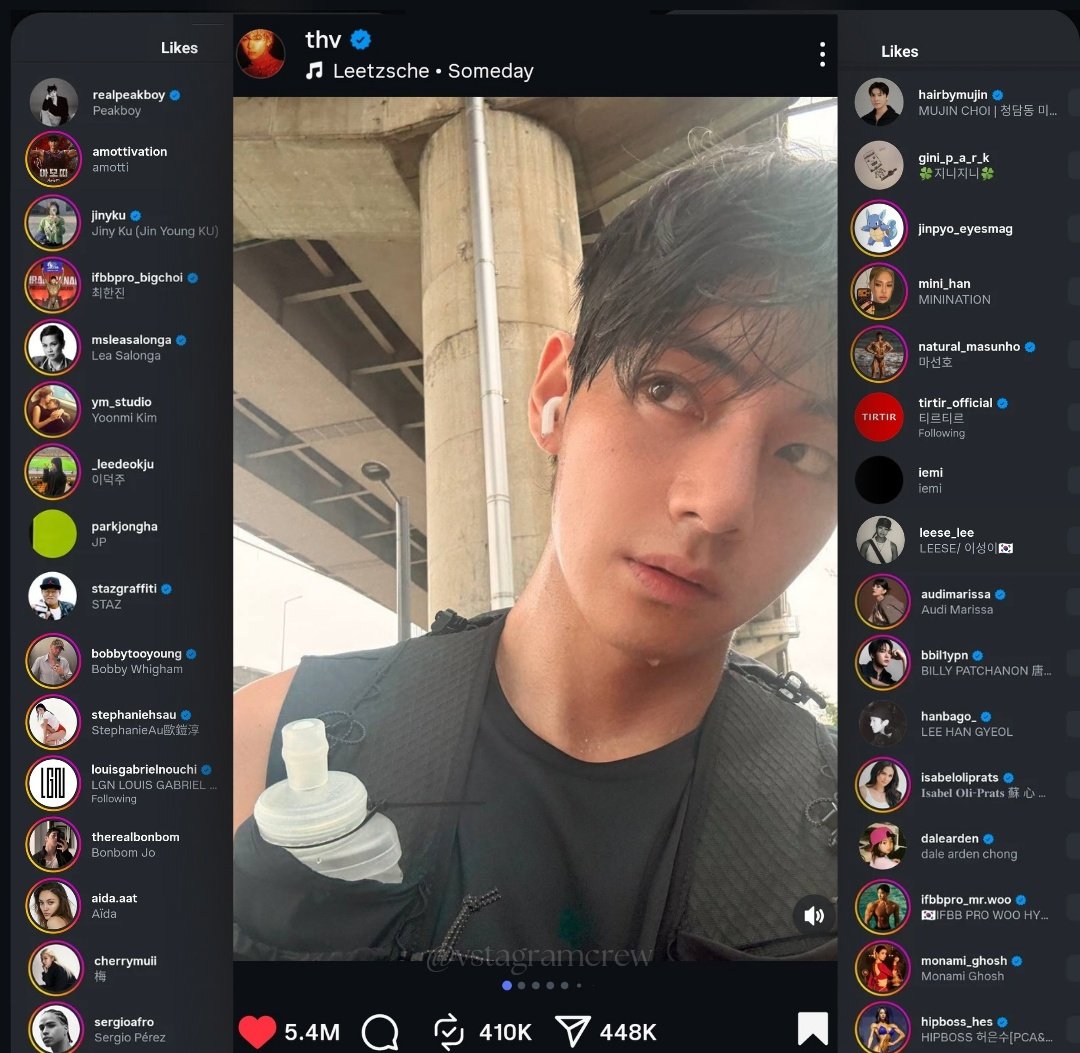 Vstagramcrew's tweet image. [INFO] #KimTaehyung’s latest Instagram post was liked within its first 4 hours by his friend Peakboy (rapper and singer-songwriter), Amotti (CrossFit athlete and YouTuber who won Season 2 of Netflix’s Physical: 100), Lea Salonga (multi-awarded singer and actress) and many other