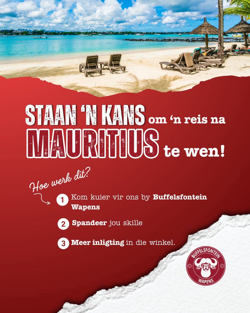 Kom kuier vir ons by Buffelsfontein Wapens, spandeer jou skille en staan ‘n kans om ‘n reis na Mauritius te wen!

Meer inligting in die winkel.