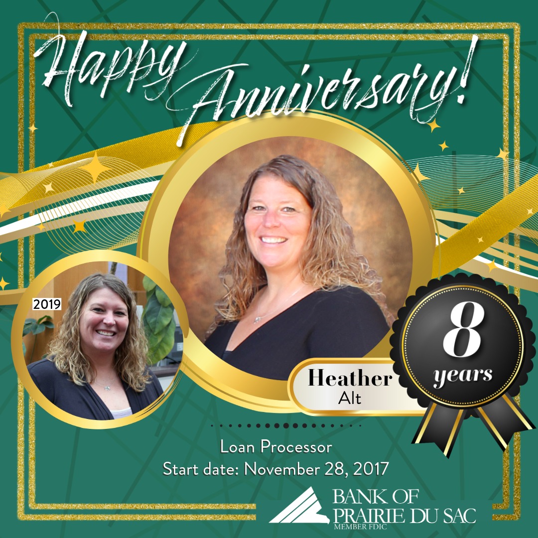 Celebrating Heather’s 8-year anniversary!
From Loan Servicing to Loan Processor, her hard work, positive attitude, and professionalism make her an invaluable part of our team.

Congrats &amp; thank you, Heather!

Member FDIC
