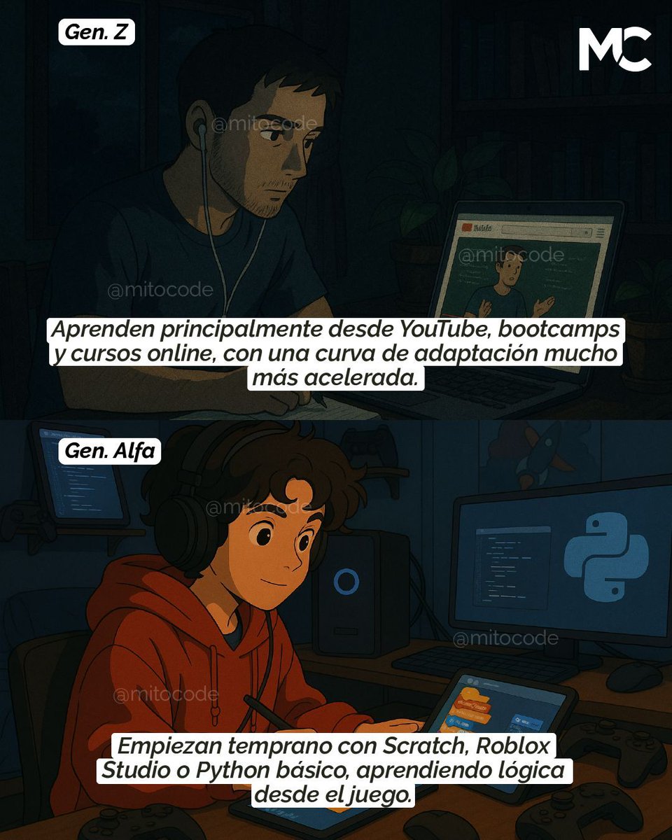 mitocode's tweet image. ¡Hey Coder! 🙋🏻. ¿Programador Generación Z vs Programador Generación Alfa? 🤔. Uno se formó entre frameworks y bootcamps 💻; el otro crece rodeado de IA y entornos visuales ultrarrápidos 🤖

¿Tú con cuál te identificas más? 🤔

#mitocode #programador #programacion #tecnologia