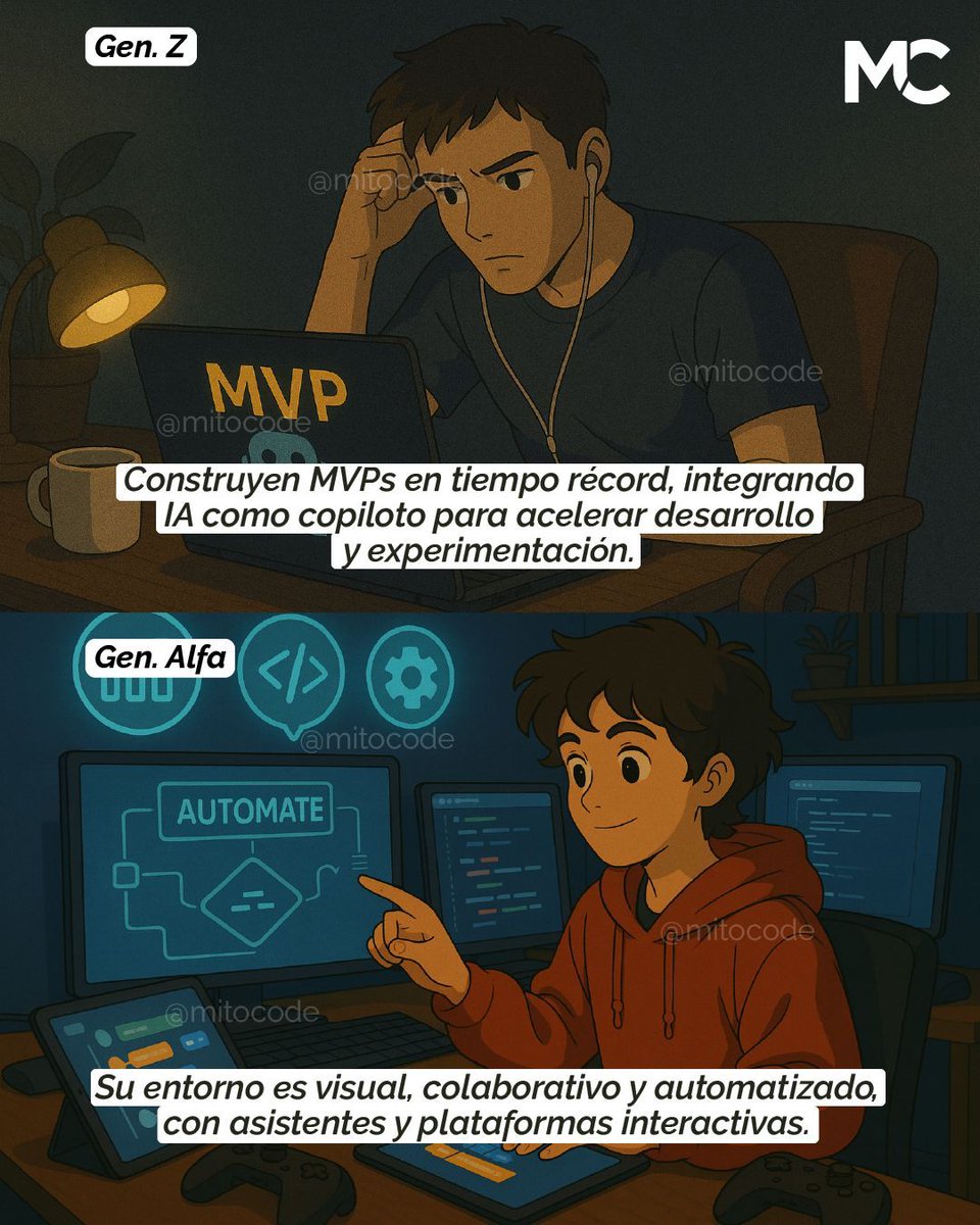 mitocode's tweet image. ¡Hey Coder! 🙋🏻. ¿Programador Generación Z vs Programador Generación Alfa? 🤔. Uno se formó entre frameworks y bootcamps 💻; el otro crece rodeado de IA y entornos visuales ultrarrápidos 🤖

¿Tú con cuál te identificas más? 🤔

#mitocode #programador #programacion #tecnologia