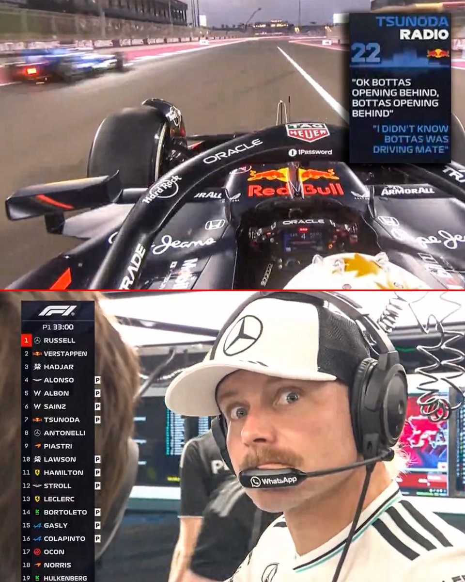 Valtteri Bottas’ reaction to hearing his name over Red Bull's radio 😅

#QatarGP