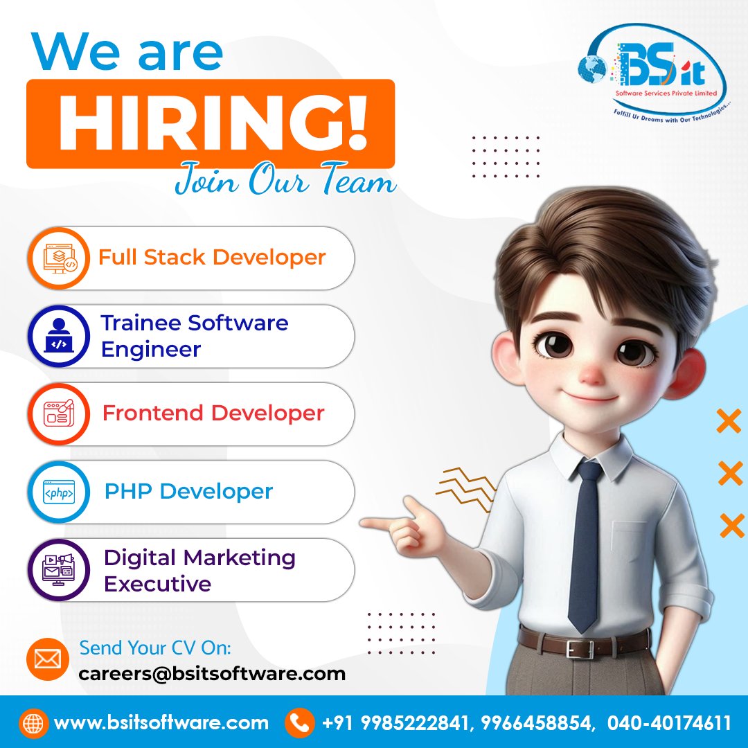 bsitsoftware's tweet image. 🚀 We’re Hiring Tech Talent! Join Our Innovation Journey 👨‍💻✨

Passionate about coding, creativity &amp;amp; building digital futures?
Become a part of our growing tech team and let your skills shine! 🌐💡
Full Stack | Frontend | PHP | Digital Marketing | Trainee Software Engineer

Let’s…