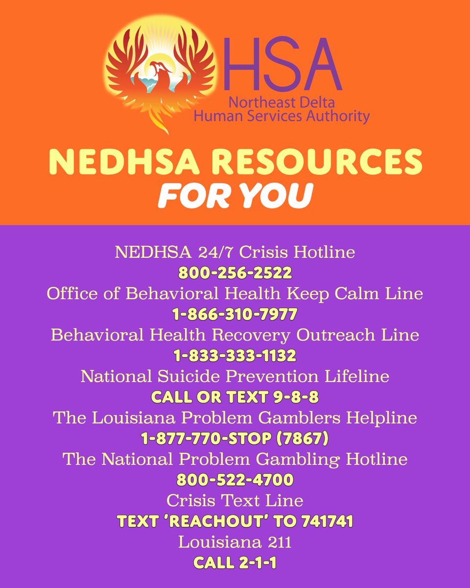 NEDeltaHSA's tweet photo. Our crisis line is available 24/7, along with additional resources at the numbers listed below.
Don't wait. If you need help, call today!
#HSA #MentalHealth #AddictiveDisorders #PreventionWorks #DevelopmentalDisabilities https://t.co/LfKNVu5EBG