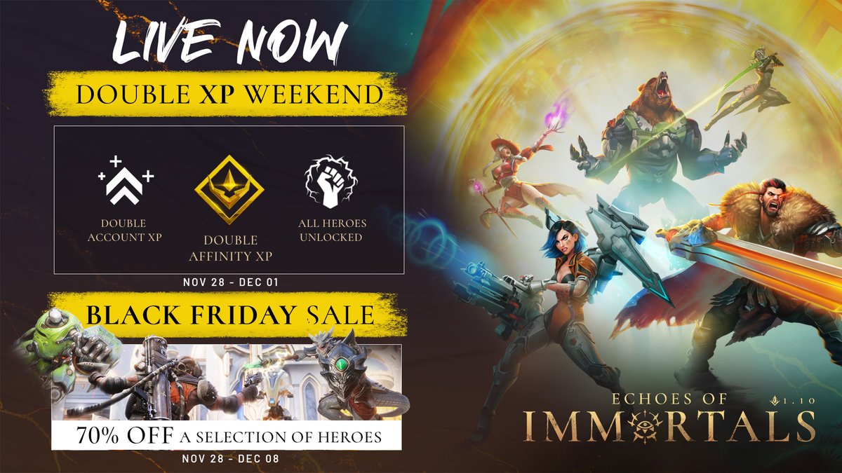 PredecessorGame's tweet image. 📣 Double XP Weekend &amp;amp; the Black Friday sale is LIVE!

📈 Double Account XP
👑 Double Affinity XP
⚔️ All Heroes Unlocked
💰 70% off a huge selection of Heroes

There&apos;s never been a better time to play! 🚀
