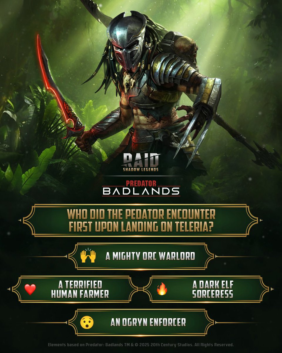 Two extraterrestrial hunters are on the prowl in Teleria, and you ought to learn all you can about them in order to survive. Take a look at the lore trivia we’ve prepared for the Xenomorph and the Predator, and check out their full Champion Lore in-game!

#RAID #RAIDShadowLegends