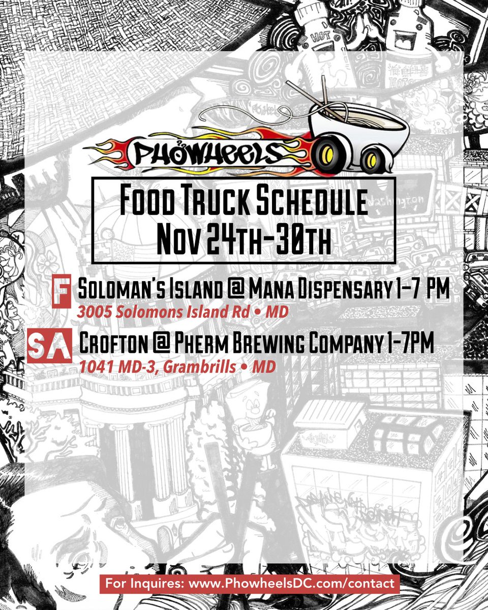 Sick of turkey? 🦃 Don’t worry! Catch our truck today and tomorrow Phowheelers!!!

🚚Truck’s Schedule 🚚
🔸F: Soloman’s Island @ Mana Dispensary 1–7 PM 3005 Solomons Island Rd • MD

🔸Sa: Crofton @ Pherm Brewing Company 1-7PM 1041 MD-3, Grambrills • MD

#phowheel #phowheelsdc