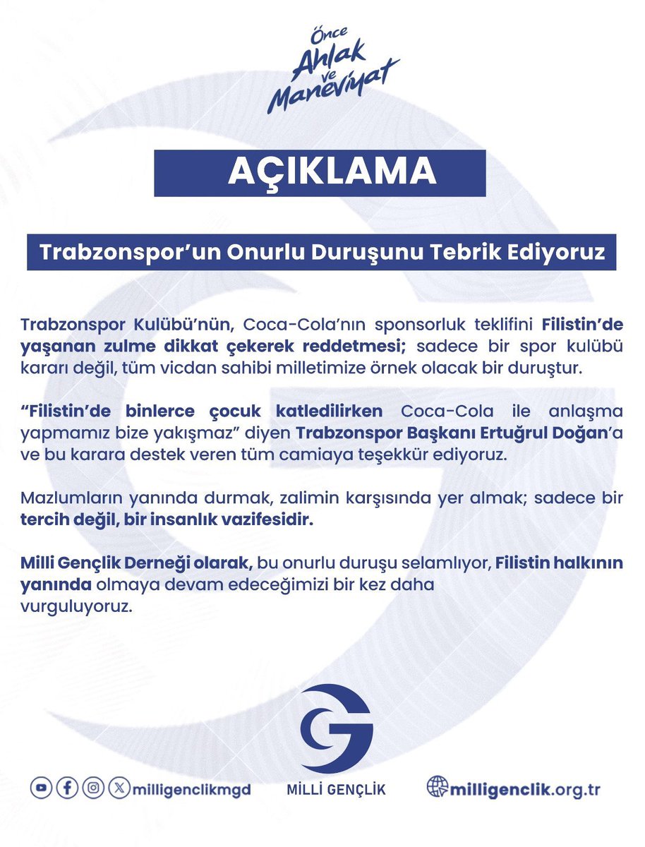 “Filistin’de binlerce çocuk katledilirken Coca-Cola ile anlaşma yapmamız bize yakışmaz” diyen Trabzonspor Başkanı Ertuğrul Doğan’a ve bu karara destek veren tüm camiaya teşekkür ediyoruz 

MGD olarak, bu onurlu duruşu selamlıyor, Filistin halkının yanında olmaya devam edeceğiz.