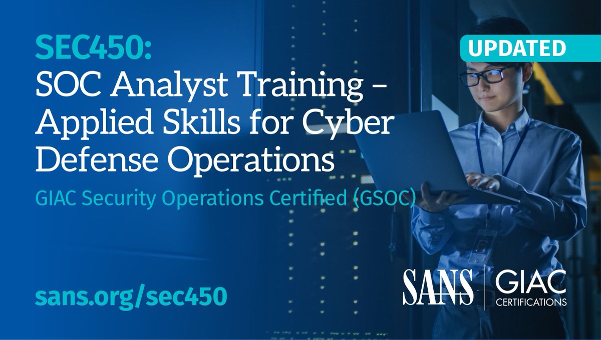 SANSDefense's tweet image. 💡 Enhance your cybersecurity toolkit with SEC450 SOC Analyst Training! Learn practical defensive strategies and tools for the #SOC. Try our FREE one-hour course preview and see the impact! 🛡️ #CyberDefense #SecurityOperations #BlueTeamSkills sans.org/u/1whp
