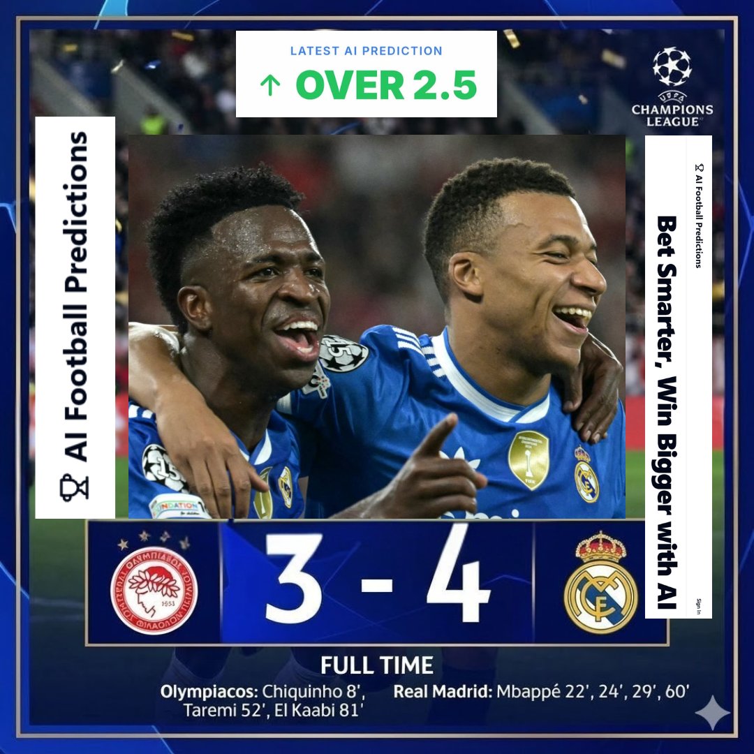 AiFootball_Pred's tweet photo. Real Madrid vs Olympiacos | Goal: 4-3
AI Goal GPT: AI-powered football insights
Real-time data. Smarter predictions.
Over/Under 2.5 goals analysis #AIGoalGPT #FootballAI #PremierLeague #SoccerPredictions #aifootballpredictions
#AiforFootballpredictions https://t.co/wr8uFCy7mp