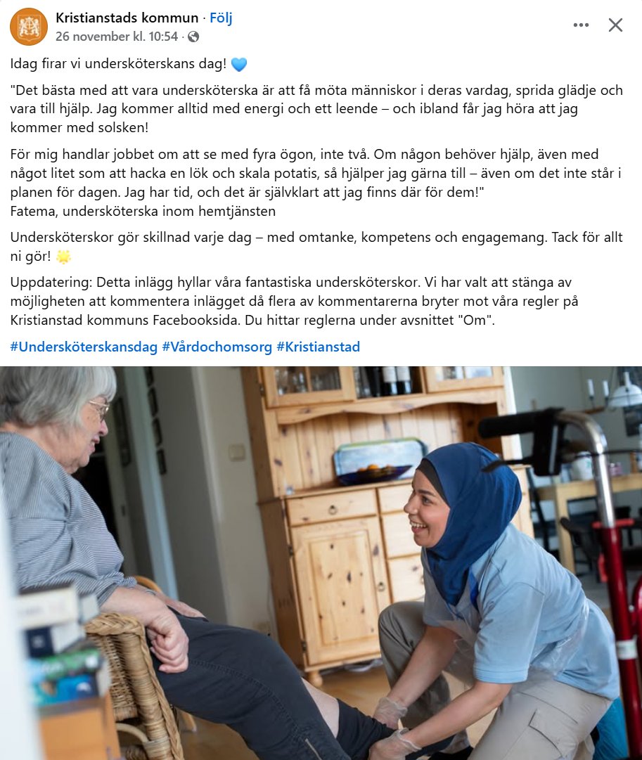 Fin bild av Kristianstads kommun

1/3 av alla röstberättigade i Sverige inför valet 2026 är över 65 år gamla.

Det föds allt färre barn tyvärr och det är därför invandringen behövs till Sverige. 

Vill ni verkligen undvika invandringen, så föd fler barn (och uppfostra dem väl).