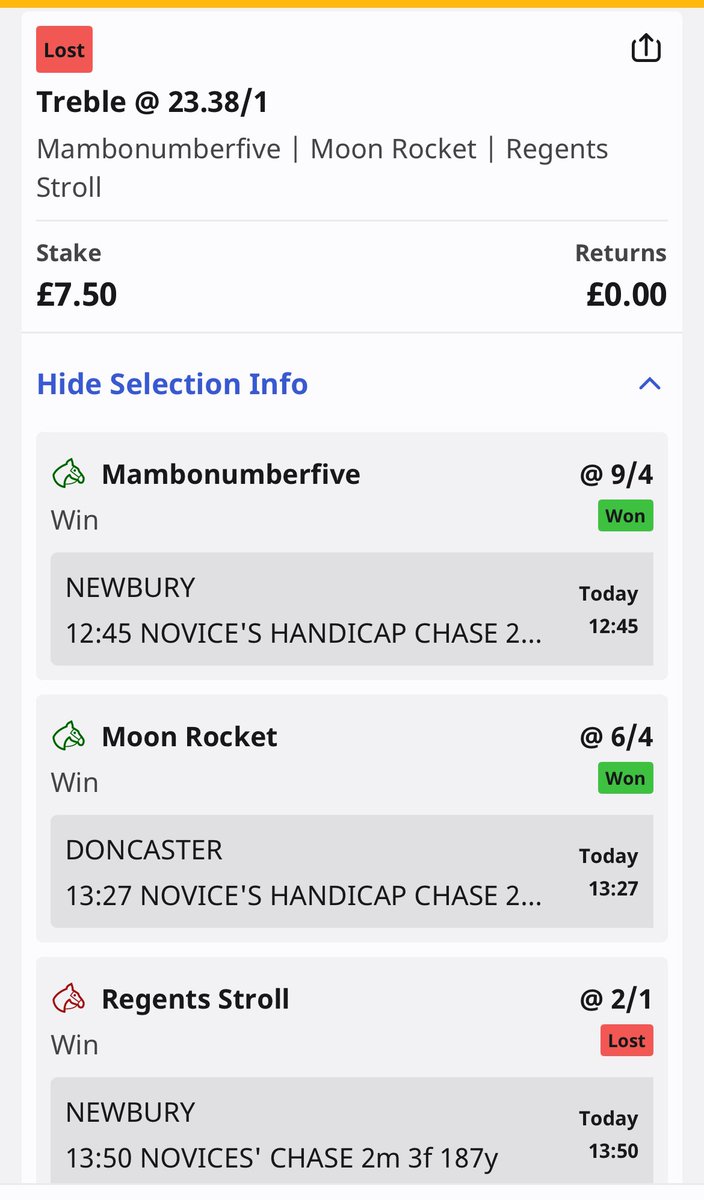 Close but no cigar. Regent’s Stroll will be a fine horse if they can get him to settle. Jumped excellently for a horse so green