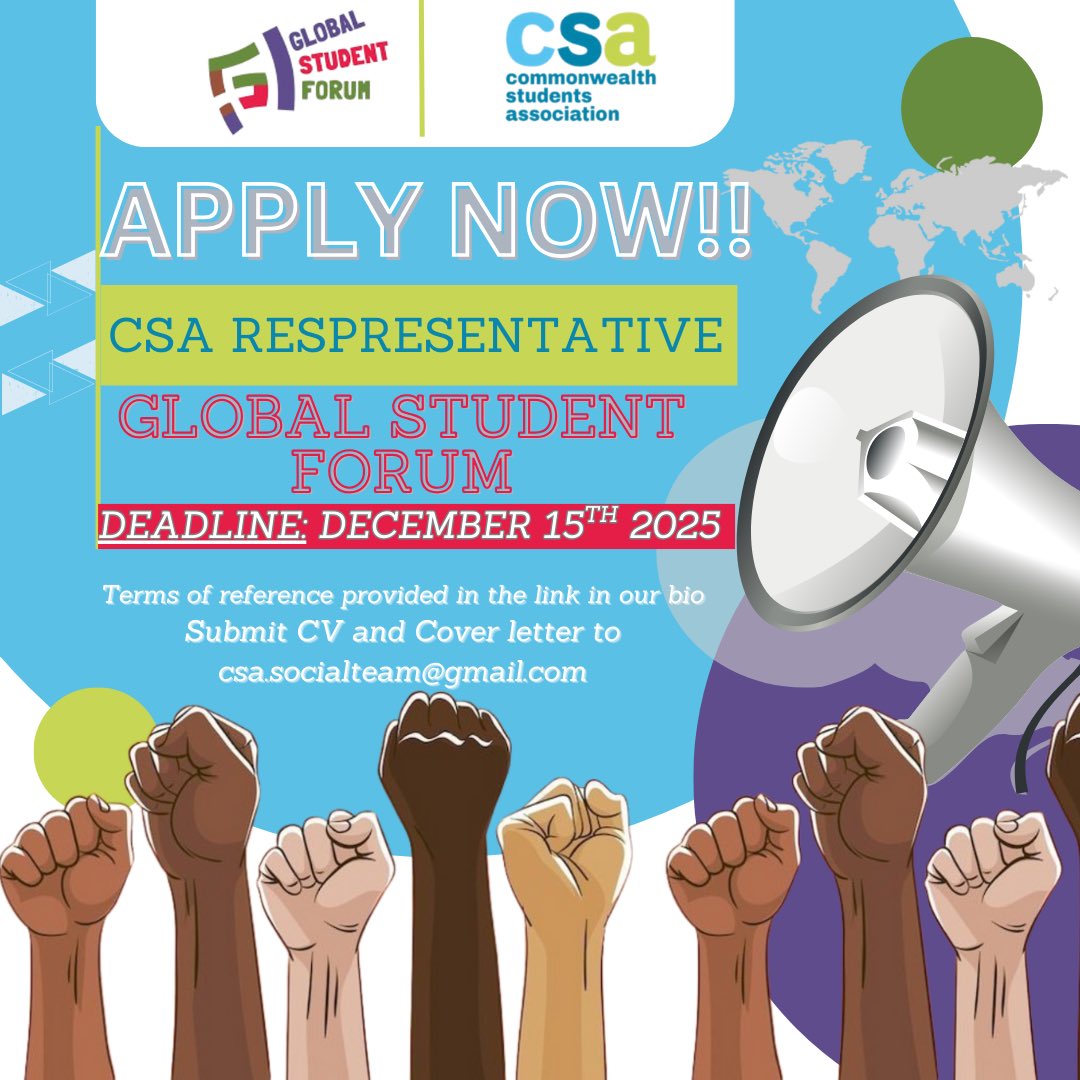 📣 CSA x GSF Applications Open!
Seeking Commonwealth citizens (Asia &amp; Caribbean/Americas), 18–35, to serve as CSA Rep to the GSF (2025/26). Voluntary (non-remunerated) role on the GSF Steering Committee.
🔗 More info: globalstudentforum.org/content/files/…