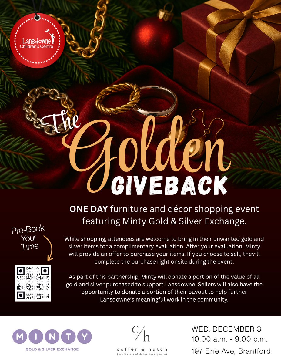 Did you hear? Coffer and Hutch in #Brantford will be hosting an all-day furniture and décor shopping event featuring Minty Gold &amp; Silver Exchange on December 3, which will also help to raise funds for Lansdowne Children’s Centre. It’s a great way to support the life-changing work