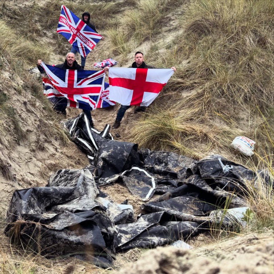 GBPolitcs's tweet image. 🚨NEW: Group of influencers pose in-front of burst dinghy in France with flags as they launch &quot;Operation Overlord&quot;