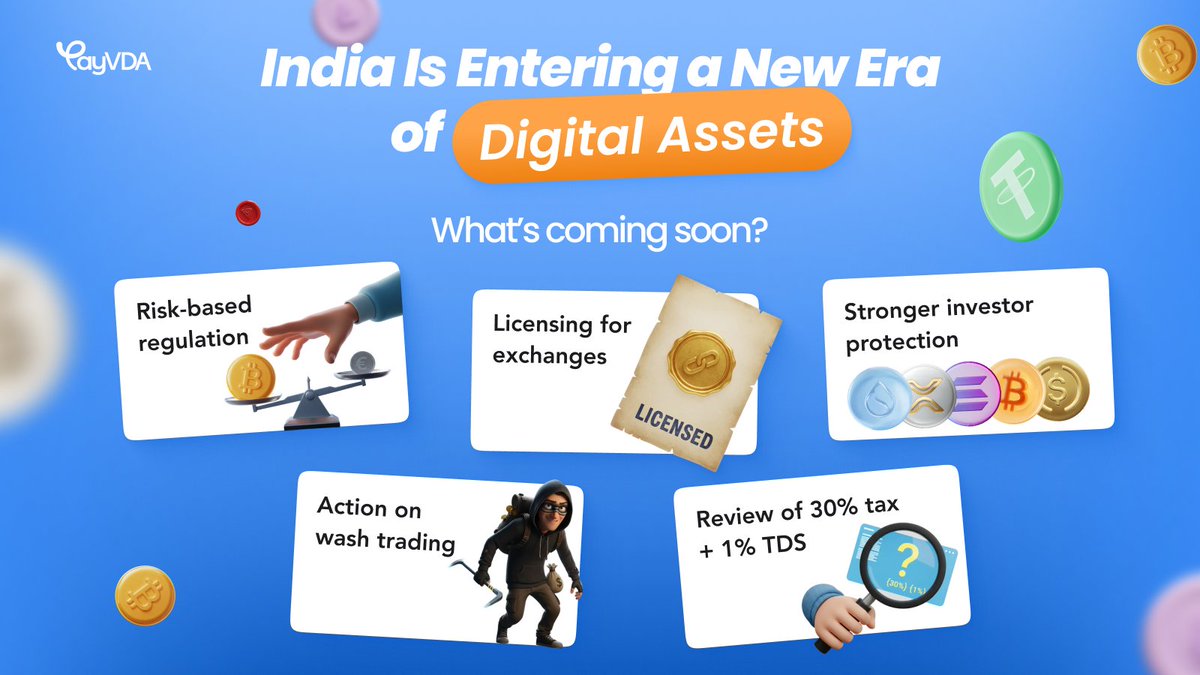 PayVDA_hq's tweet image. India Is Entering a New Era of Digital Assets 🇮🇳

New VDA rules can reshape the ecosystem 👇

• Risk-based regulation

• Licensing for exchanges

• Potential review of the 30% tax and 1% TDS

As regulatory clarity rises, PayVDA delivers instant payments and real-time value 📲