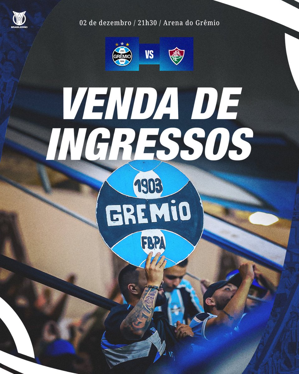 SEMPRE JUNTO AO TRICOLOR 🇪🇪🎫 Mais uma vez, seremos Grêmio e torcida juntos pela vitória. No último compromisso em casa no ano, contamos com teu alento!

SÓCIOS TÊM PRIORIDADE ⚠️ Corre pra garantir teu lugar. Bora lotar nossa casa, Tricolores!

🎫 Todas mulheres pagam R$ 40 em