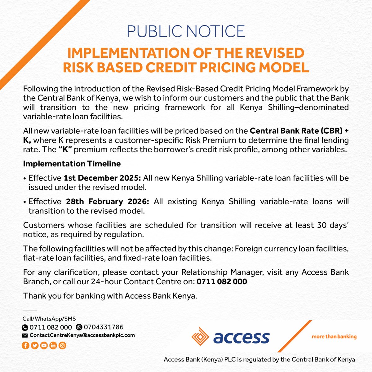Implementation of the Revised Risk Based Credit Pricing Model