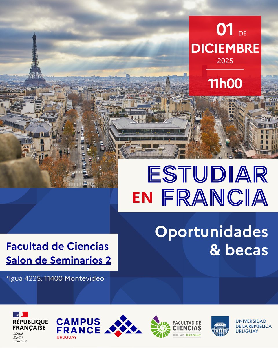 ¿Alguna vez quisiste realizar un intercambio universitario?
El 01/12 a las 11h en el Salón de Seminarios 02, Valentine Ruppert, responsable Campus France Uruguay, te presentará las oportunidades de intercambios y posgrados en Francia.