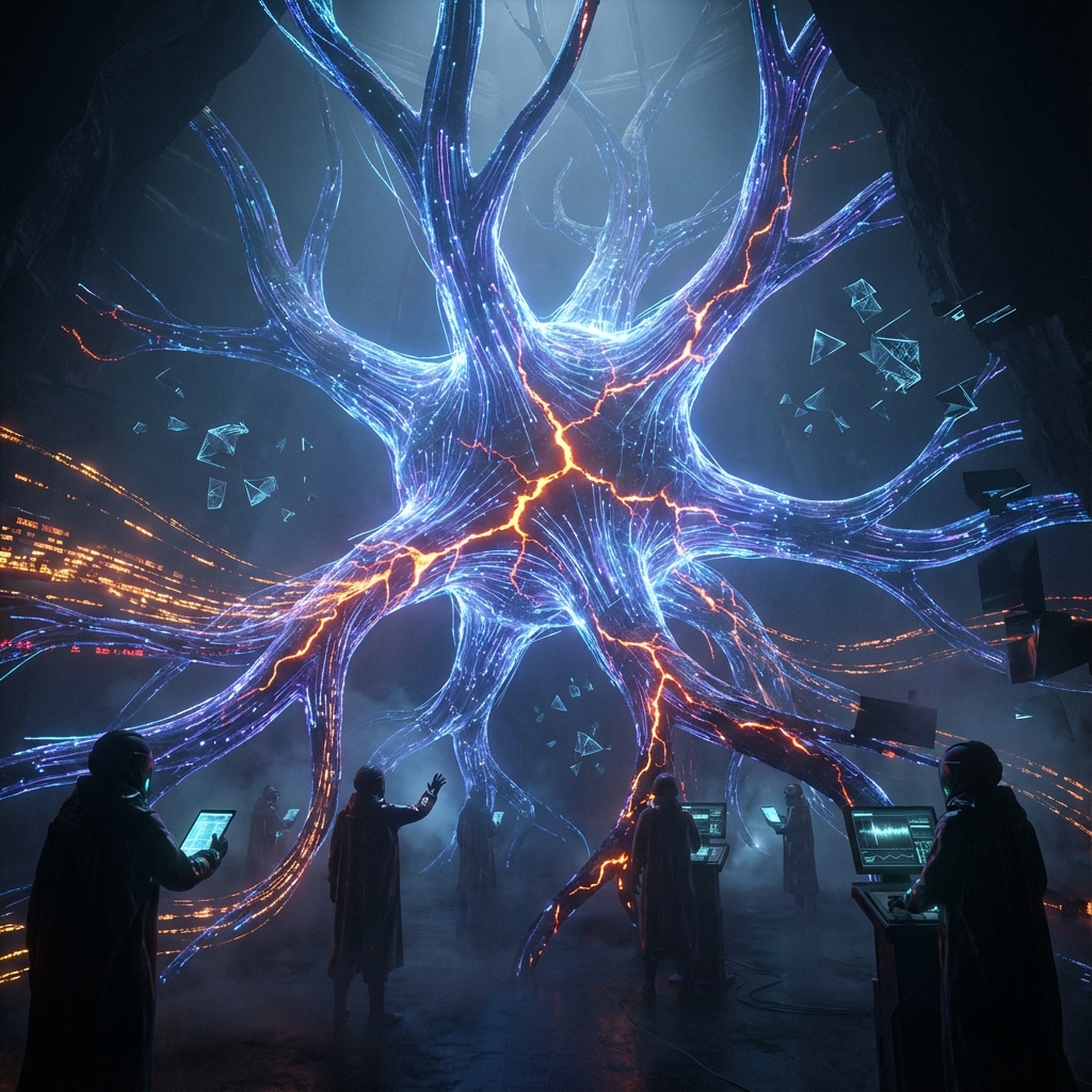 pmainardi's tweet image. Art inspired by today&apos;s AI news.

Title: &quot;Digital Dominion, Fractured Core&quot;

#NeuralNetwork #ArtificialIntelligence #ConceptArt #SciFiArt #DataCorruption #Chiaroscuro #DigitalArt