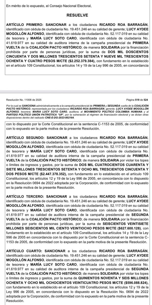 luchitavher's tweet photo. Comparto públicamente la Resolución del @CNE_COLOMBIA mediante la cual se sanciona administrativamente a la campaña presidencial de @petrogustavo de la primera y segunda vuelta de la @COALICIÓN PACTO HISTÓRICO, así como al Movimiento Político @ColombiaHumana_ y al Partido Político @UP_Colombia “UP”.
Aunque no pude participar en el debate correspondiente debido a una recusación, considero que la democracia se fortalece cuando la ciudadanía tiene acceso pleno y oportuno a la información pública.

Resolución completa en el link.

https://t.co/LFMts9LVju