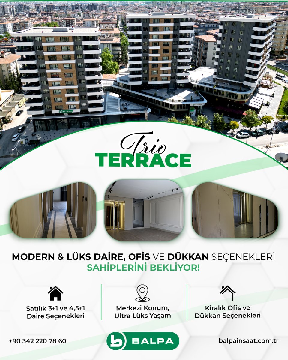 Gaziantep’in en prestijli yaşam alanlarından Batıkent’te yer alan Trio Terrace, sunduğu modern ve lüks 3+1 ve 4,5+1 konut seçenekleriyle evinizi muhteşem bir lokasyonla birlikte uzun yıllar huzurla oturabileceğiniz bir yere taşımanızı sağlayacak. #balpainsaat #trioterrace