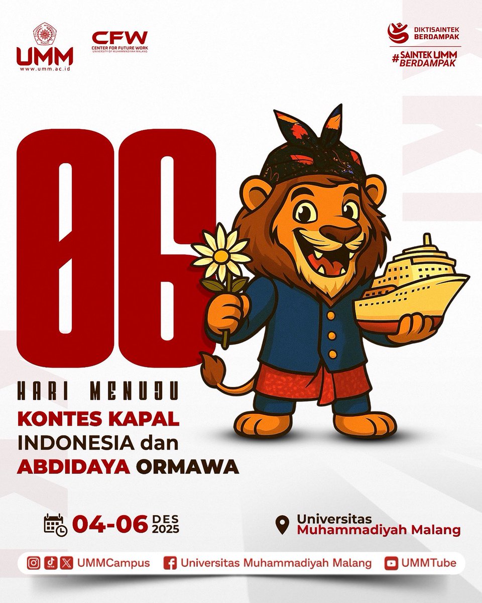 H-6 Kontes Kapal Indonesia- Abdidaya Ormawa!

Bukan hanya sekedar lomba, tapi juga dimeriahkan dengan berbagai agenda lainya seperti seminar, expo dan bazar UMKM. Siapa yang ga sabar buat hadir disini nihh, sampai jumpa di UMM yah!

#kkiabdidayaormawa #belmawa