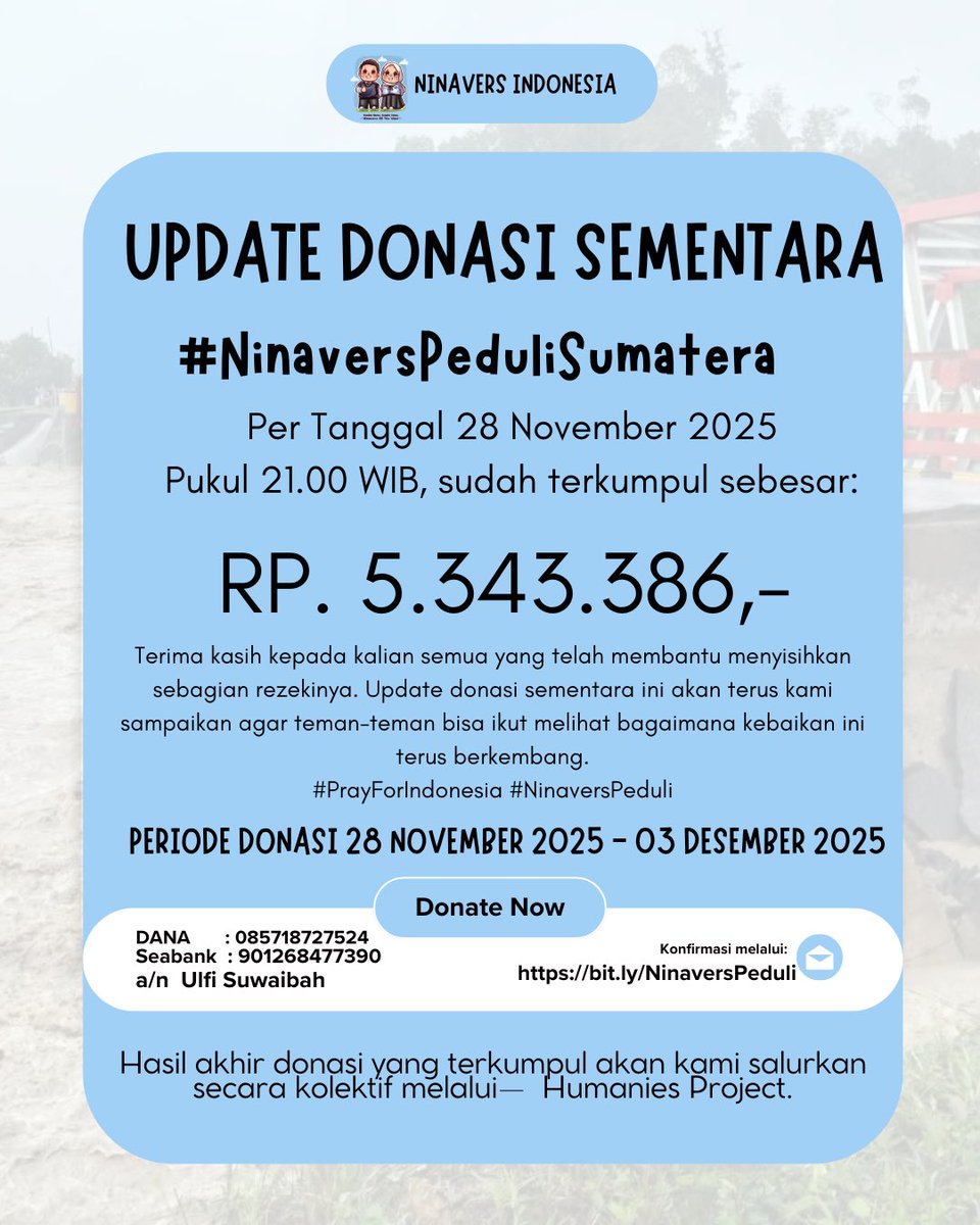 madebyshunda's tweet photo. Update total donasi sementara #NinaversPeduliSumatera per tanggal 28 November 2025 pukul 21.00 WIB.

Dana yang terkumpul — Rp. 5.343.386

Terima kasih atas telah ikut menguatkan. Update total donasi sementara akan terus kami informasikan. https://t.co/iU0QaVZO4M