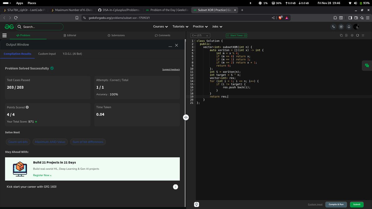 SaurabhKokate20's tweet image. ⚡ Day 243 of Problem Solving ✅
Every line of code is a lesson in logic, focus, and patience.
#GeekStreak2025 @geeksforgeeks
#DSA #ProblemSolving #100DaysOfCode #CodingJourney #DeveloperLife #TechTwitter #BuildInPublic