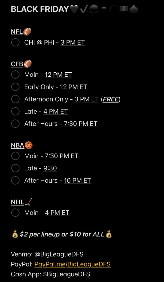 BLACK FRIDAY🐈‍⬛

HUGE slate today🔥

Black Friday Special: DM me before 12 PM ET and receive the ENTIRE day for just $5🚨

#NFL #NFLPicks #CFB #NBA #NBAX #NBAPicks #Fanduel #DFS