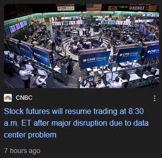 Mariellangsaez's tweet photo. Buenos días caóticos: 

Me despierto viendo que el CME (El chicago mercantile exchange,  mercado de derivados GIGANTE),

Interrumpió el trading en futuros y opciones DURANTE MÁS DE 10 HORAS.

Por un problema de "refrigeración".

Justo en acción de gracias, al final de mes. https://t.co/ElvWiPFppb