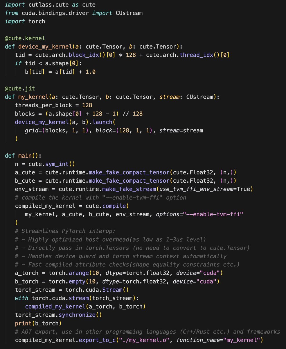tqchenml's tweet image. CuteDSL 4.3.1 is here 🚀 Major host overhead optimization (10-40µs down to a 2µs in hot loops_, streamlined PyTorch interop (pass torch.Tensors directly, no more conversions needed) and export and use in more languages and envs. All powered by apache tvm-ffi ABI