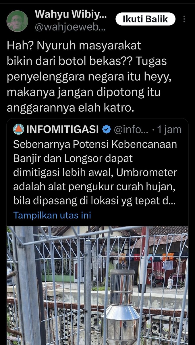 Inilah contoh nyata masyarakat/individu yang kemarin saya paparkan... dengan kepedulian minim. orang tipikal kayak gini kalau jadi penyelenggara negara ya pasti kepeduliannya minim.
Urusan kebencanaan urusan semua pihak, baik masyarakat/komunitas, pemerintah dan Dunia Usaha.