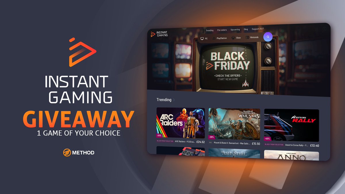 Method's tweet image. Win ANY game you want! 🎮
 
We&apos;re hosting a Black Friday Giveaway together with @InstantGamingEN

🧡 Like &amp;amp; RT
👤 Follow @Method &amp;amp; @InstantGamingEN
🌐 ENTER HERE: instant-gaming.com/en/giveaway/me…

--Ends December 1st--